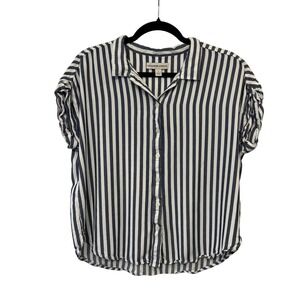 Alexander Jordan Navy White Striped Button Up Short Sleeve Rayon Blouse Large